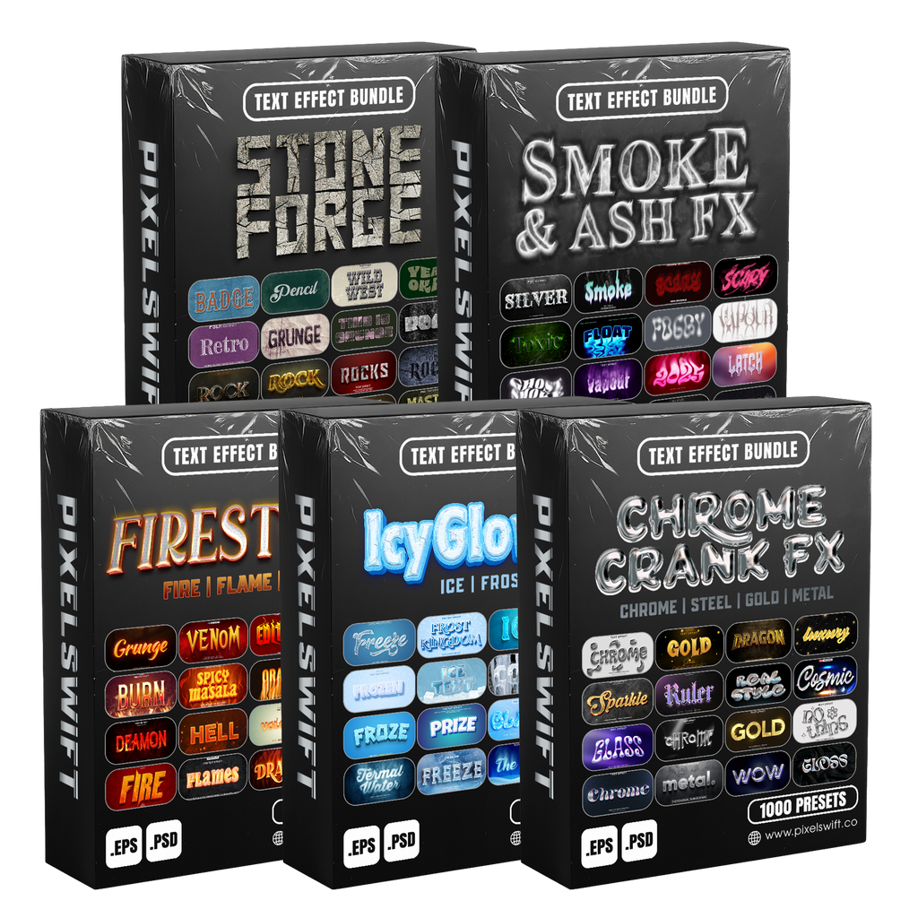 Power FX Pack – 5,000+ Editable Fire, Ice, Chrome, Stone & Smoke Text Effects (PSD + EPS)