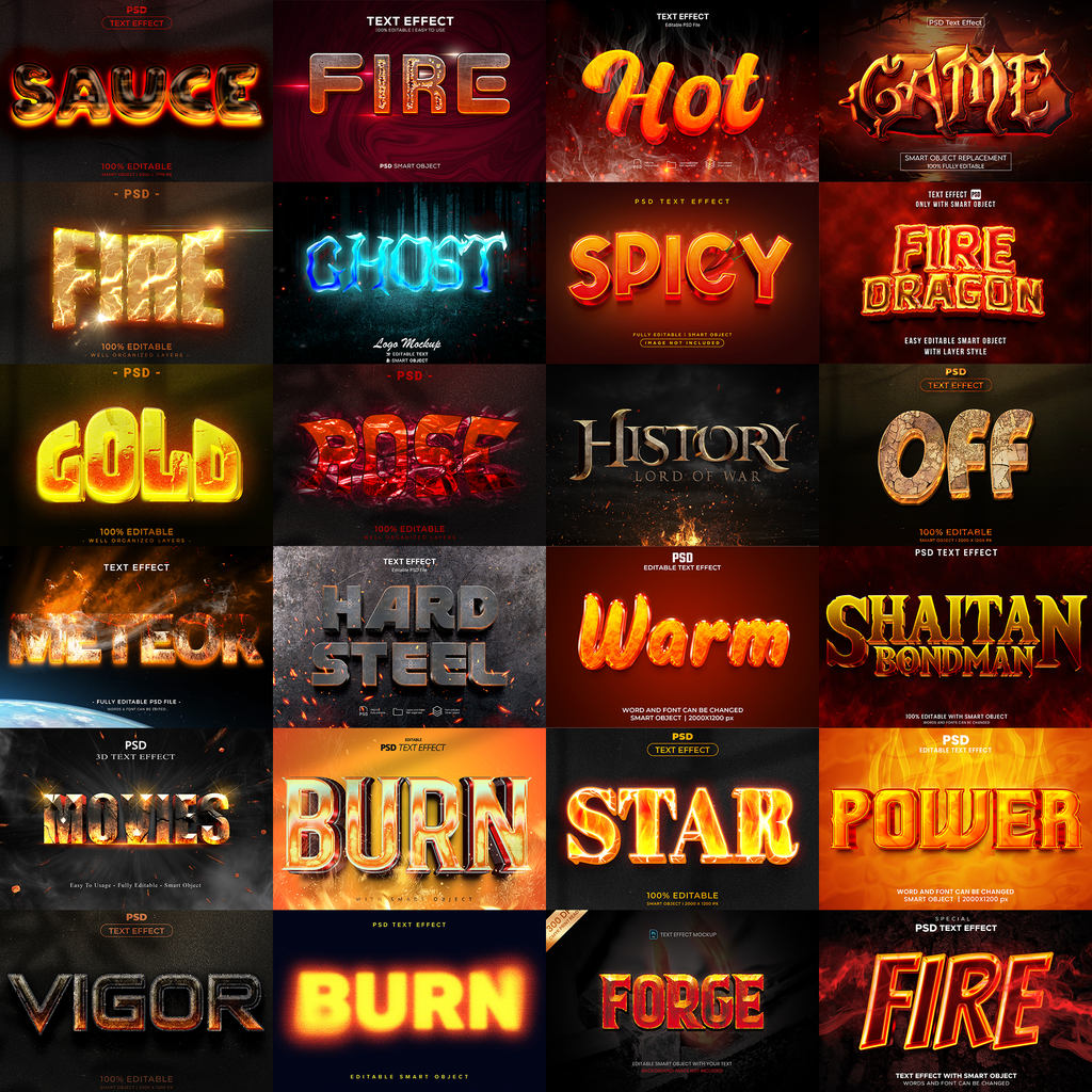 Power FX Pack – 5,000+ Editable Fire, Ice, Chrome, Stone & Smoke Text Effects (PSD + EPS)