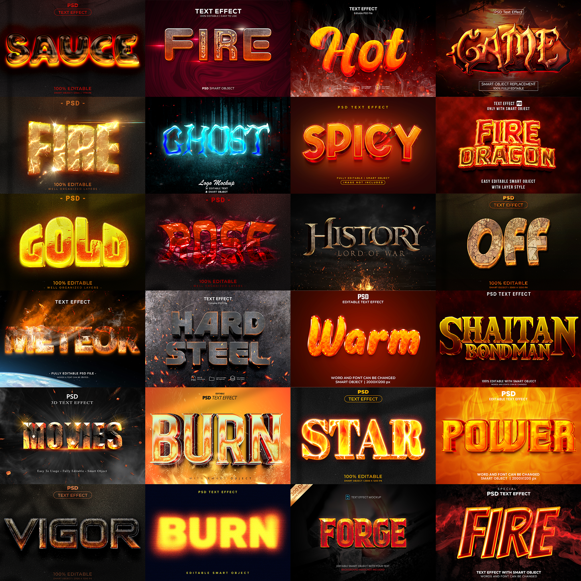 Power FX Pack – 5,000+ Editable Fire, Ice, Chrome, Stone & Smoke Text Effects (PSD + EPS)