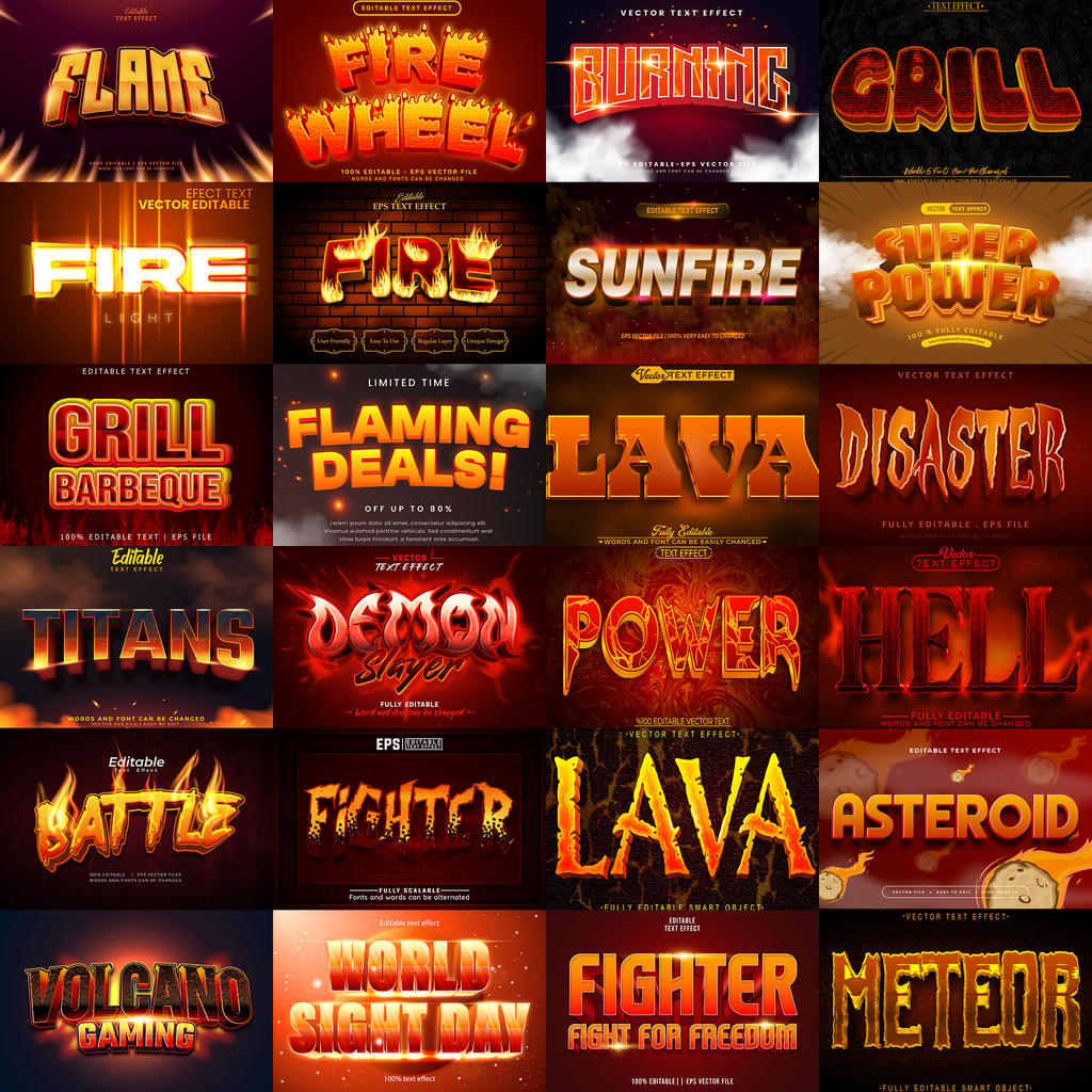 Power FX Pack – 5,000+ Editable Fire, Ice, Chrome, Stone & Smoke Text Effects (PSD + EPS)