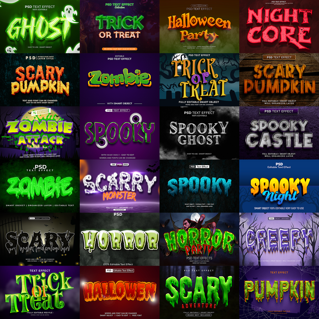 HorrorCore FX – 1000+ Editable Blood, Zombie, & Halloween Text Effects (PSD + EPS)