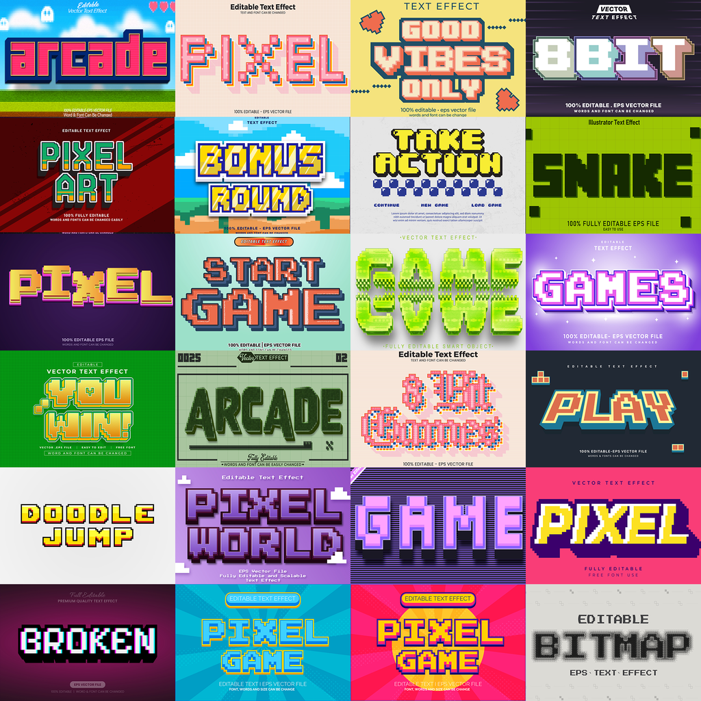 Pixel Blitz FX – 1000+ Editable Pixel, 8-bit, & Arcade Text Effects (PSD + EPS)
