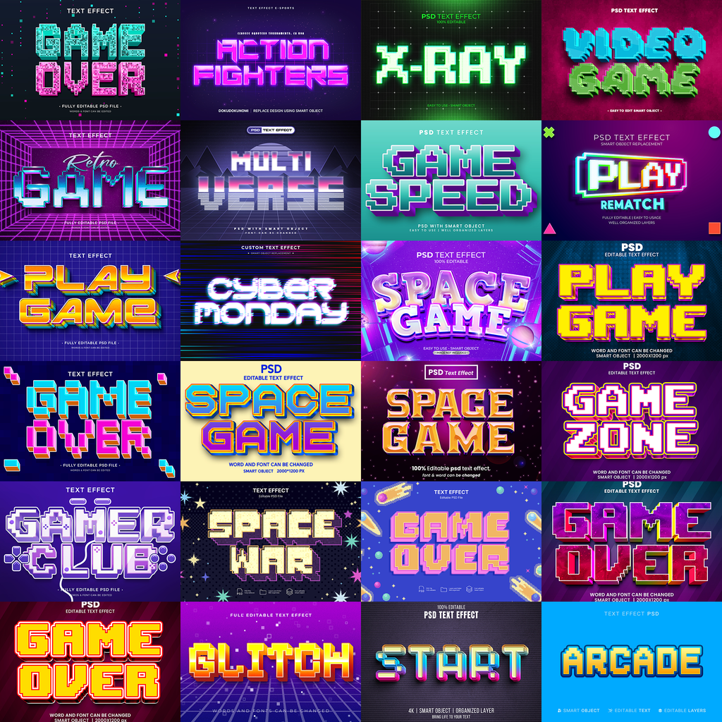 Pixel Blitz FX – 1000+ Editable Pixel, 8-bit, & Arcade Text Effects (PSD + EPS)