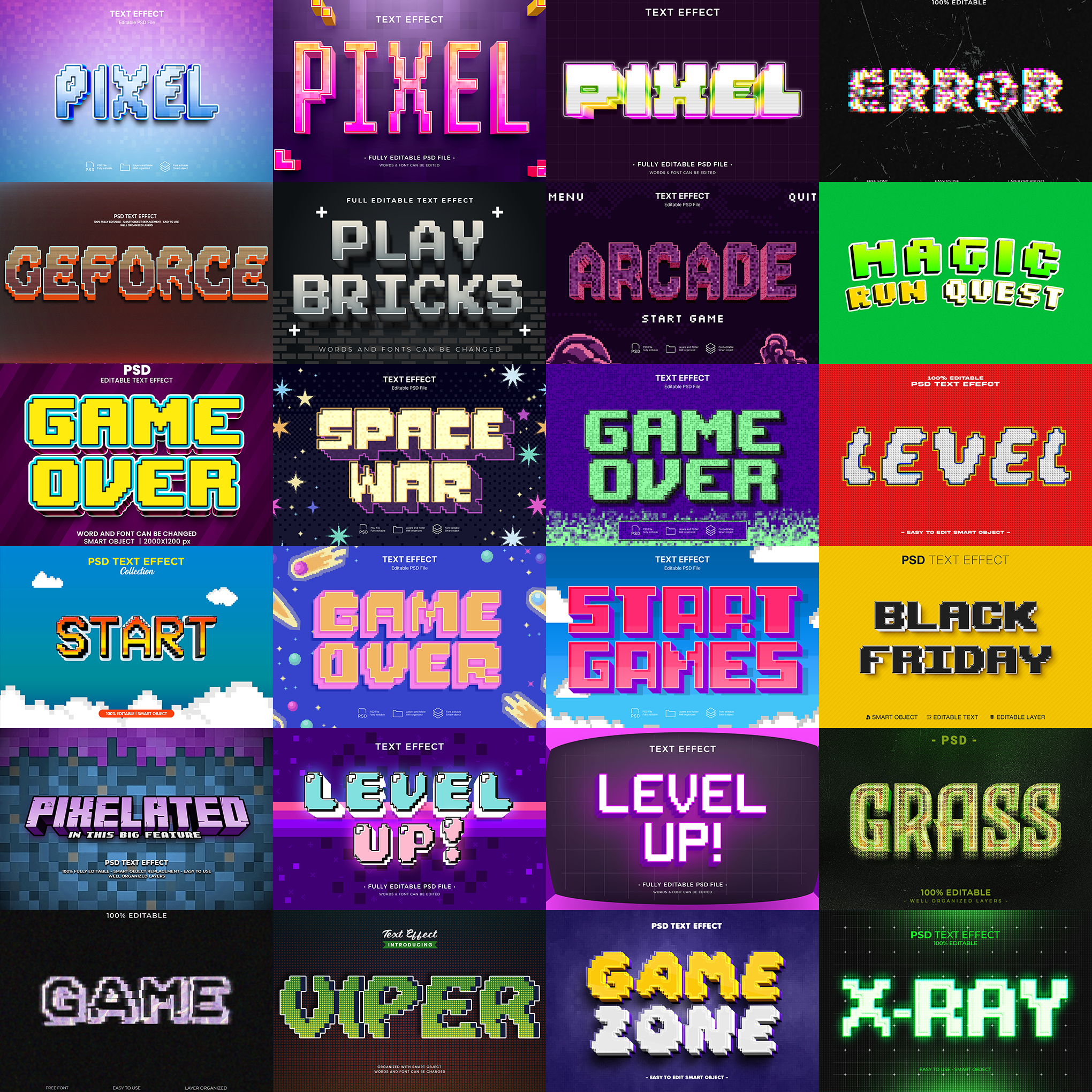 Pixel Blitz FX – 1000+ Editable Pixel, 8-bit, & Arcade Text Effects (PSD + EPS)